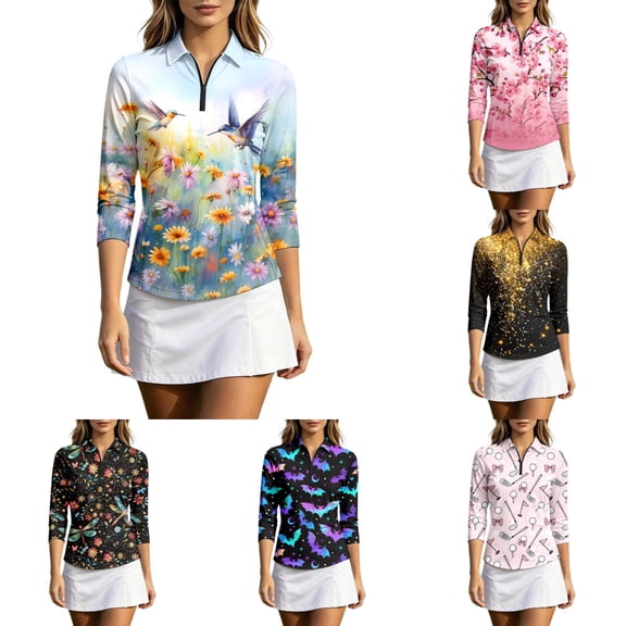 MuXiKeJi Clothes Elegant T Shirt With Black To Gold Gradient Sequins And Floral Print Half Sleeves,Golf Polo Shirts for Women Green