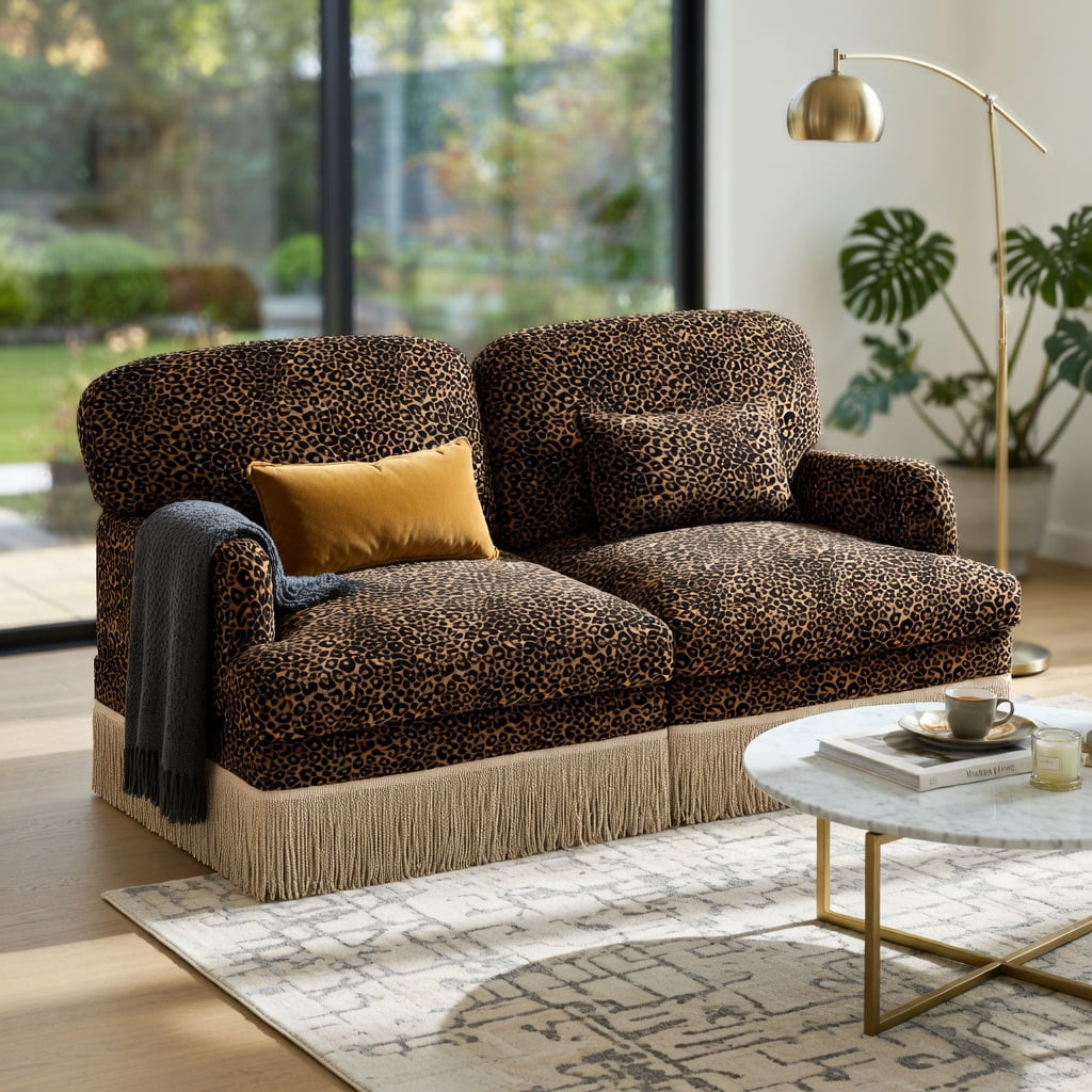 Hommoo Leopard Print Chenille Loveseat Sofa with Tassel Trim, 2-Seat Modular Sectional Couch, Ergonomic Deep Seat Design, Easy Assembly, Modern Living Room Sofa, Brown