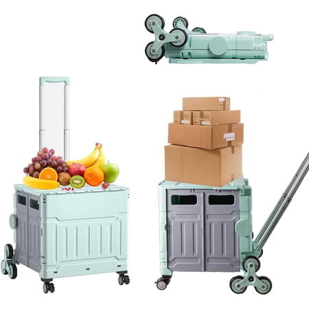 Foldable Utility Cart,Folding Portable Rolling Crate Handcart with Lid,Collapsible Aluminium Alloy Telescoping Handles,8 Wheels for Travel Shopping Climbing Stairs Moving Storage Office Use