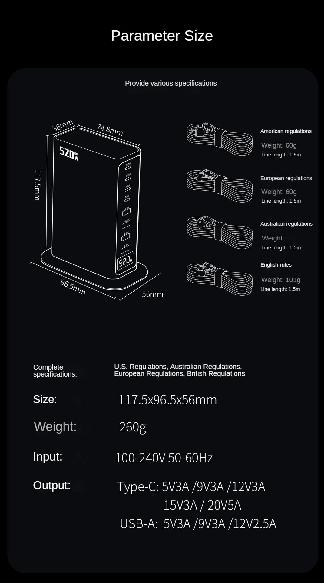 520W Gallium Nitride Charger Multi-Port Desktop Charging Station Fast Charging Head for Apple Laptop Power Adapter