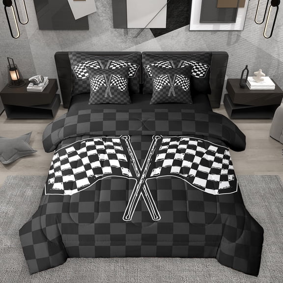 Homewish Extreme Sports Game 7-Piece Twin Bedding Sets,Racing Flag Bedding Comforter Set,Classical Plaid Sheet Sets For Boys Kids,Microfiber Bedroom Decor Reversible