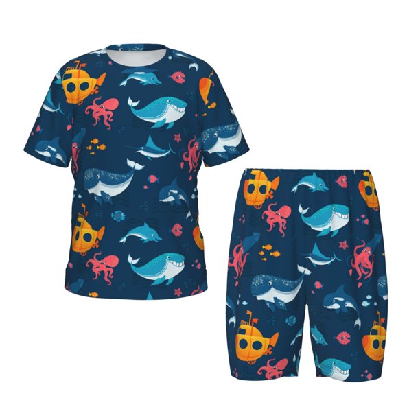 Balery Ocean Floor Animals Conjunto de Pijama Infantil de Manga Corta con Estampado – Ropa de Dormir de Algodón Suave-Small
