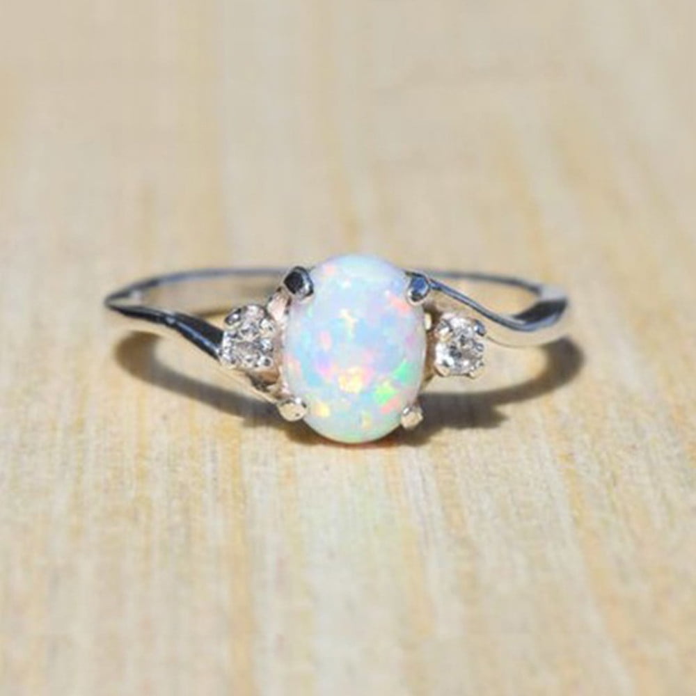 Silver Opal Ring Oval Cut 6x8mm Opal Ring 10k White Gold Ring Half Eternity Wedding Ring Promise Ring Opal Dainty Ring Antique Ring
