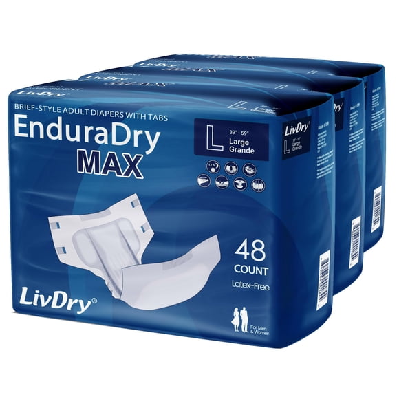 Pañales para adultos LivDry EnduraDry Max con pestañas, paquete grande de 48