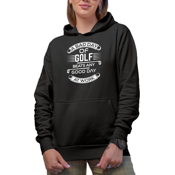 Golf Beats Any Good Day at Work Saying, Golf Player, Golfing or Golfer Themed Merch Gift, Black Hooded Sweatshirt or Hoodie, Small