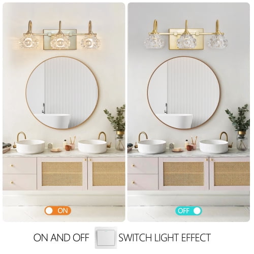 ACE-LIGHTS,Retro 3-Light Bathroom Vanity Light Fixture with Crystal Glass Shades(Bulbs Not Included),Wall Mounted Lighting for Bathroom,Dressing Room,Powder Room and Vanity Mirror(Golden）