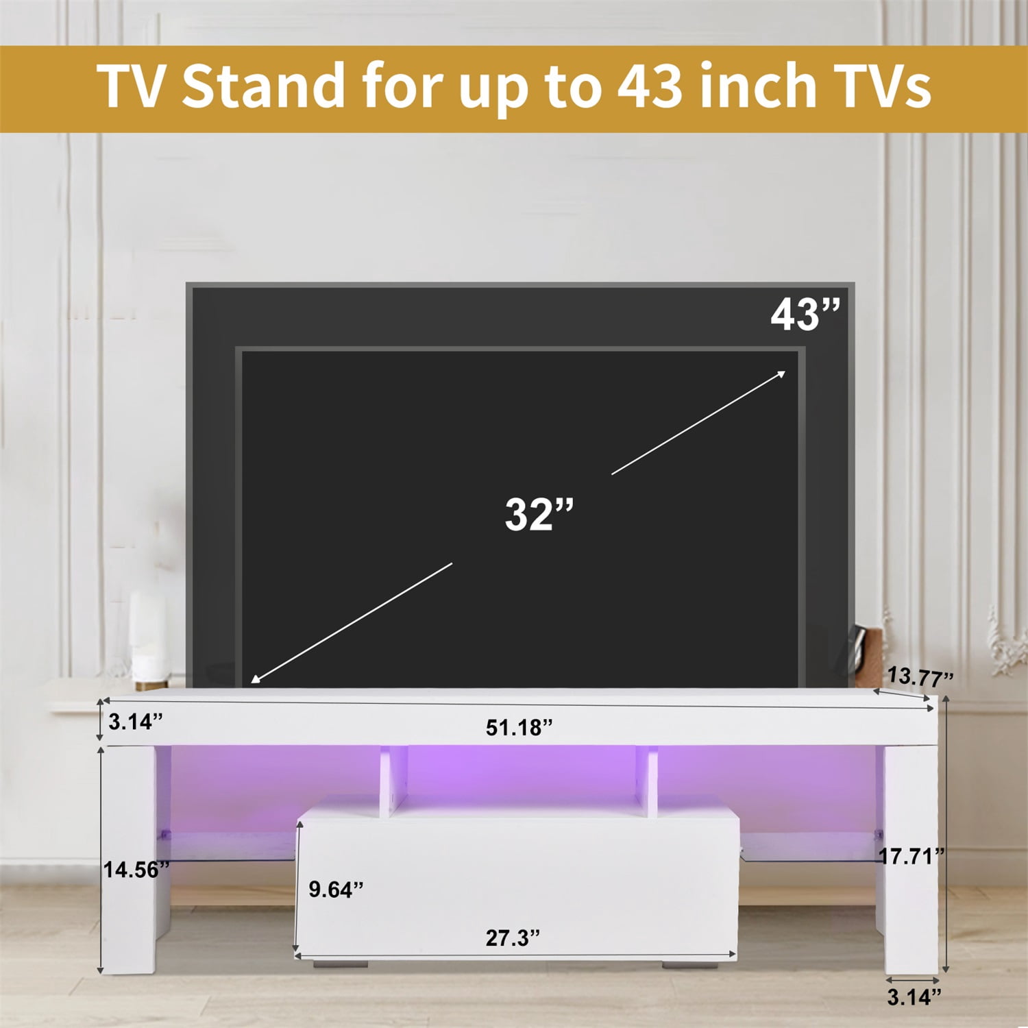 Hommoo Modern TV stand with LED Lights, TV Media Console Entertainment Center with Drawer, Storage TV cabinet with Glass Shelf for 55 Inch TV, White