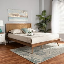 Baxton Studio Nura Mid-Century Modern Walnut Brown Finished Wood and Synthetic Rattan Full Size Platform Bed