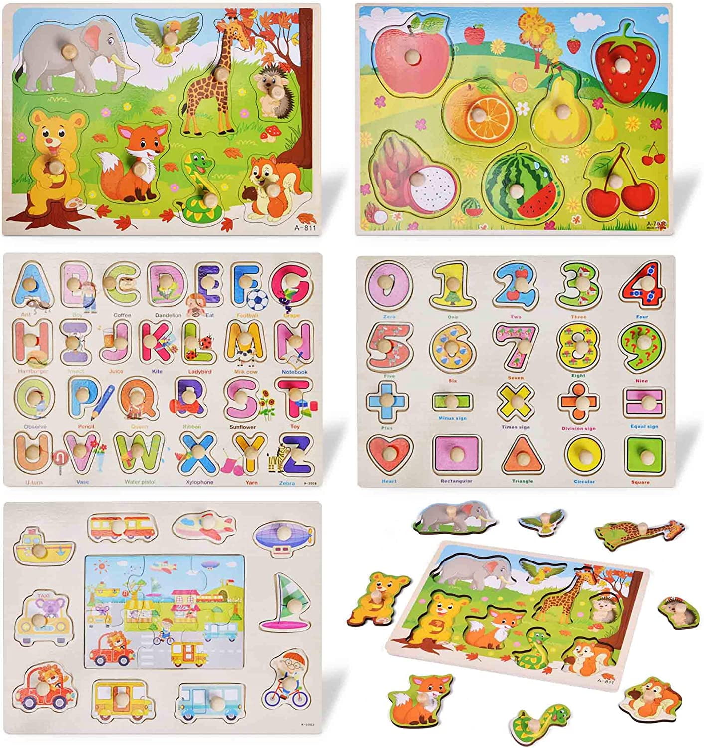 Fun Little Toys 5 Pcs Wooden Peg Puzzles for Toddlers,Wood City