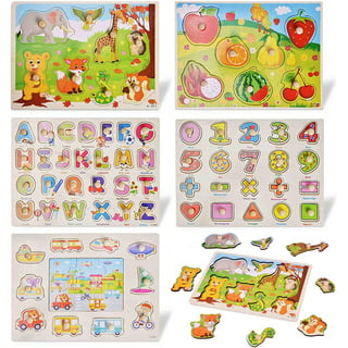 Wooden Toddler Puzzles and Rack Set - (6 Pack) Bundle with Storage Holder  Rack and Learning Clock - Kids Educational Preschool Peg Puzzles for Children  Babies Boys Girls - Alphabet Numbers Zoo Cars 