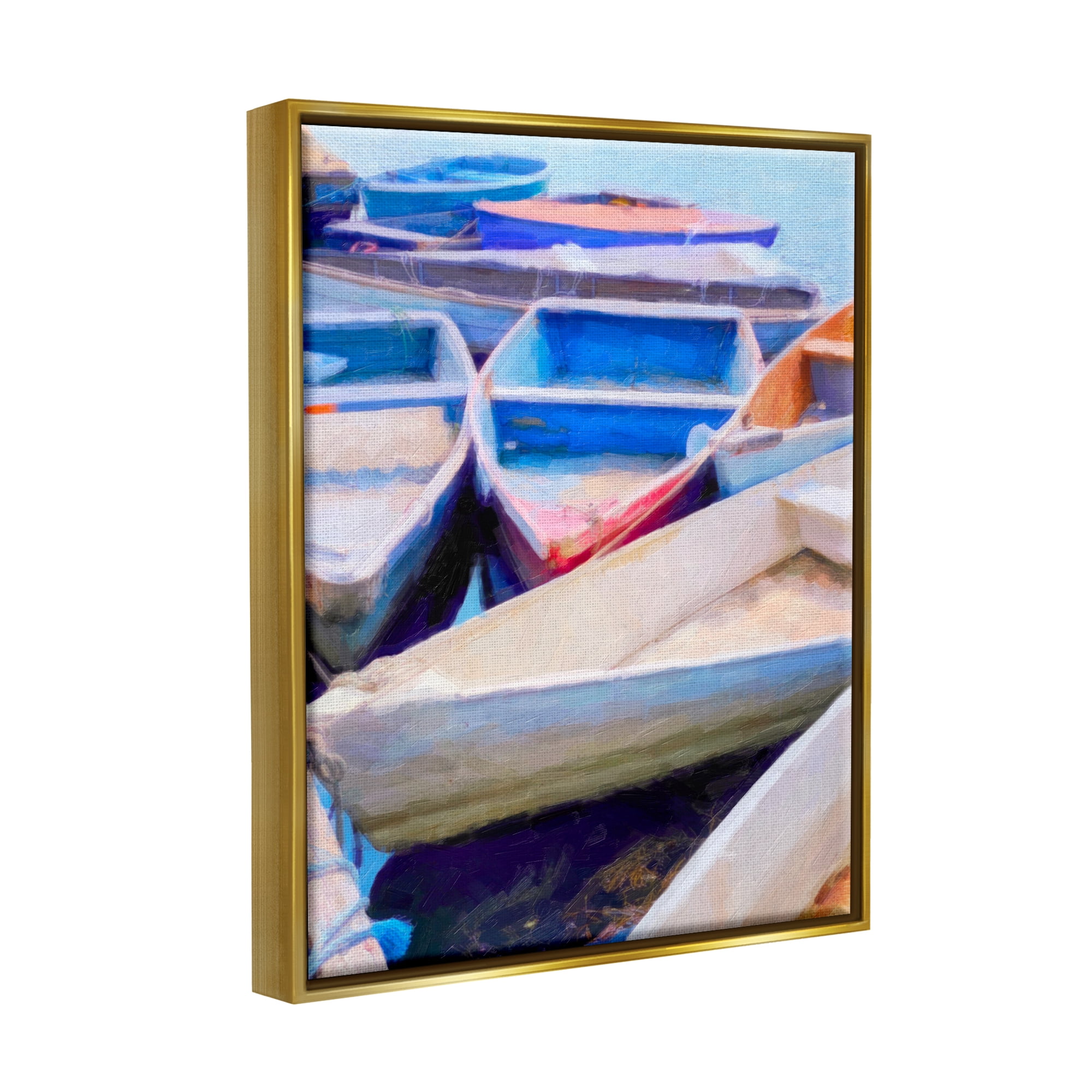 Stupell Industries Rowboats at Dock Painting Transportation Painting Gold Floater Framed Art Print Wall Art, 17 x 21