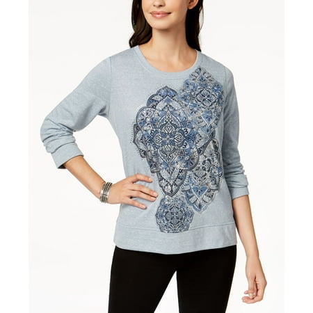 Style & Co. Womens Graphic Knit Pullover Sweater Blue L