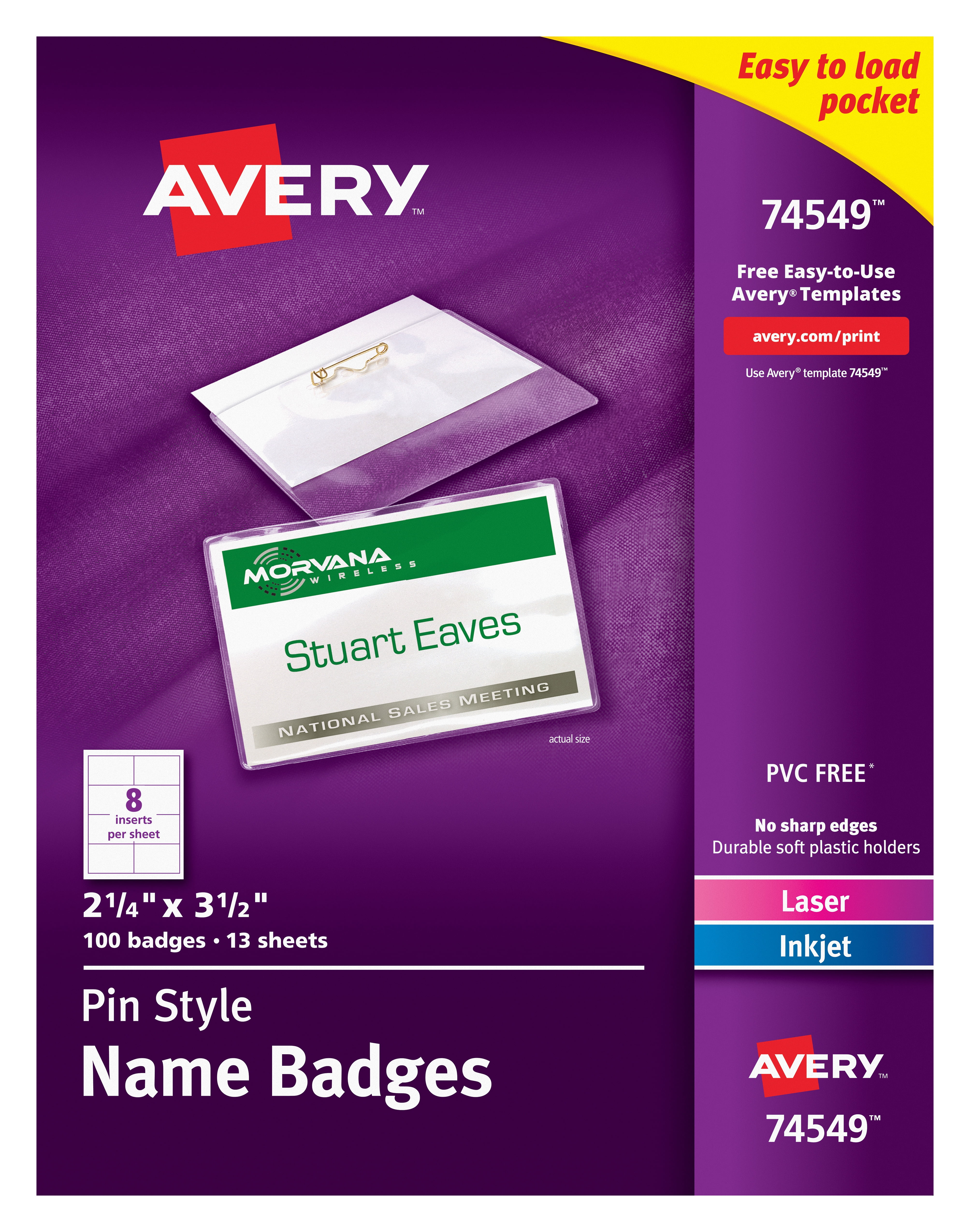 Avery Pin Style Name Badges, 21/4" x 31/2", 100 Badges (74549