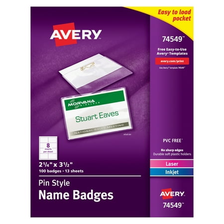 Avery Pin Style Name Badges, Print or Write, 2-1/4