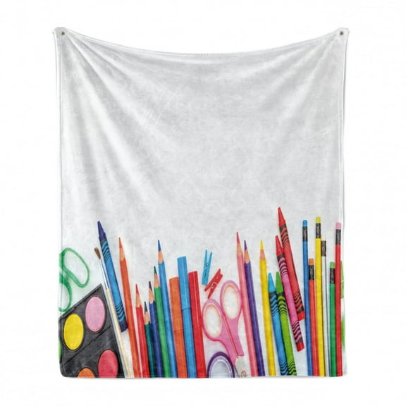 Colorful Soft Flannel Fleece Throw Blanket, School Supplies Elementary School Children Image on Plain Background, Cozy Plush for Indoor and Outdoor Use, 60" x 80", White and Multicolor, by Ambesonne