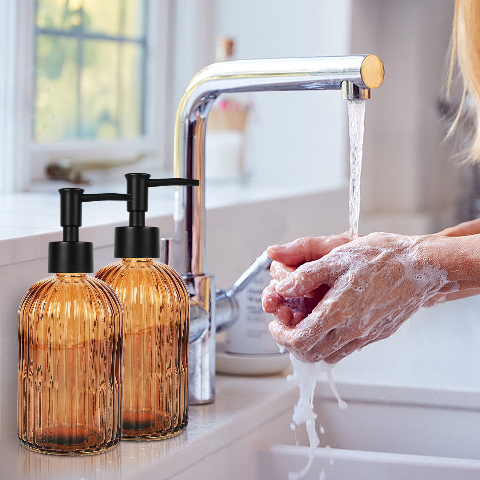 2-Pack 400ML Vertical Striped Glass Soap Dispenser - Amber Brown with Black Pump, Refillable Hand Soap Holder for Bathroom Kitchen Sink