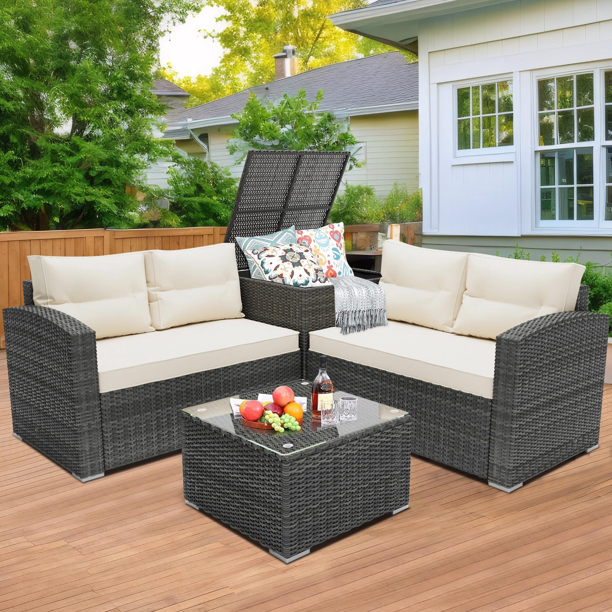4 Pieces Patio Sofa Furniture Set with Storage Box, Wicker Sectional Sofa Outdoor Furniture Set, Patio Conversation Sets for Backyard Porch Garden Balcony, Beige