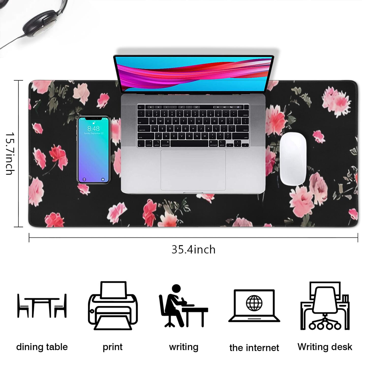 Long Mouse Pads for Desk,Pioneer Flower Floral Print Pattern Desk Mats on Top Of Desks, Desk Mouse Pad Extra Large with 3mm Non-Slip Base and Stitched Edge for Gaming,Office,Work,Home 35.4"x15.7"