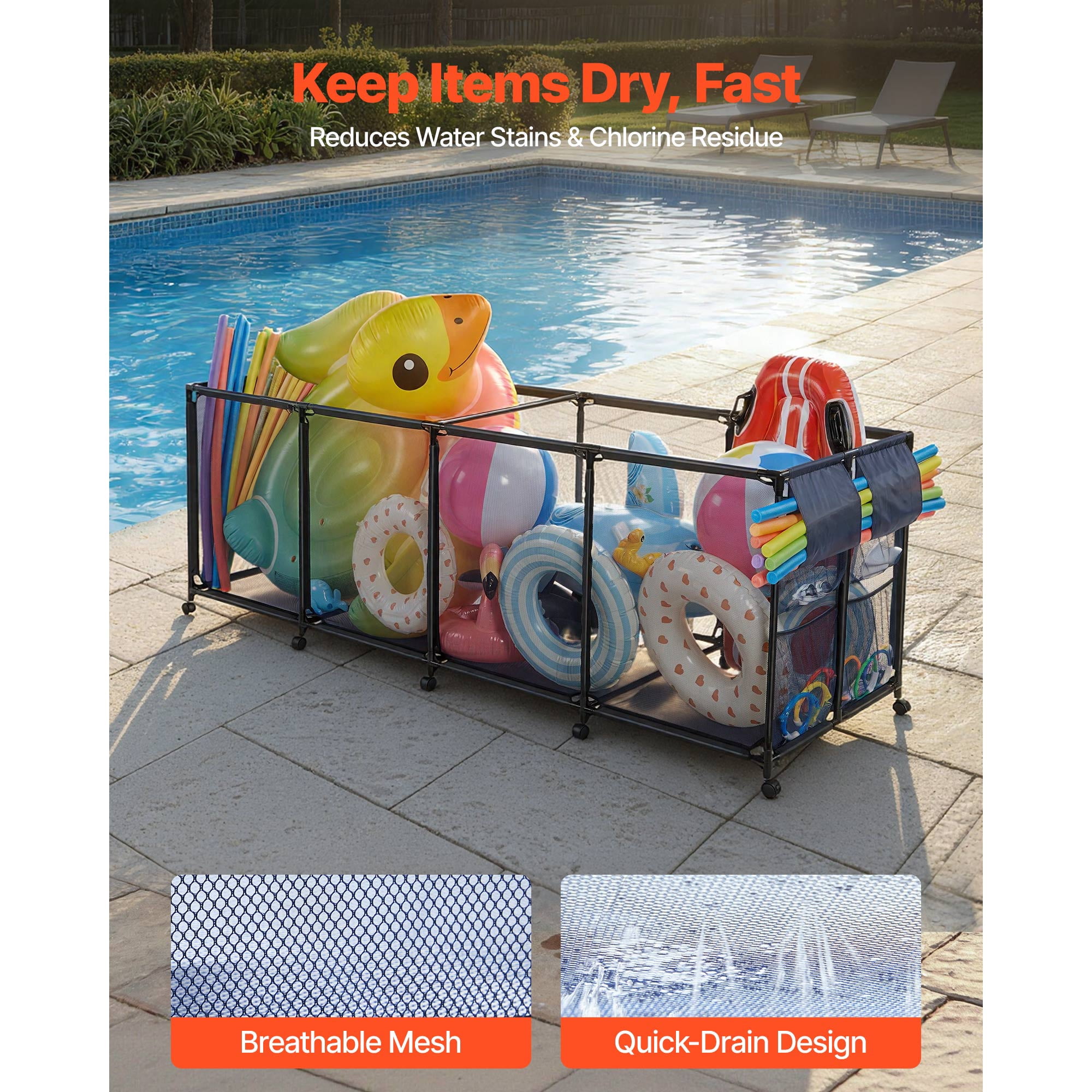 KFFKFF Rolling Pool Storage Bin, 103 x 32 x 35 in, Organizer with Side Pockets & Noodles Holder, Sturdy Metal Frame, Breathable Mesh Basket for Poolside Toys and Swimming Accessories