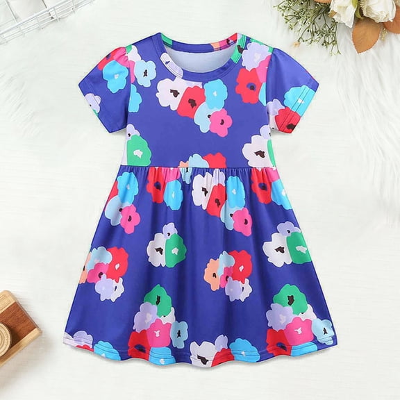 Glisme Girls Dresses Toddler Embroidered Princess Dress With Short Sleeve Summer Casual Dress Blue Sundress Size 6-7 Years