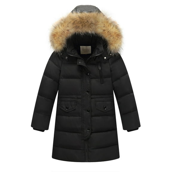 Efsteb Girls Winter Coats Hooded Puffer Jacket Warm Long Coat Long Sleeve Thick Puffer Coat Outwear (Black,2-3 Years)