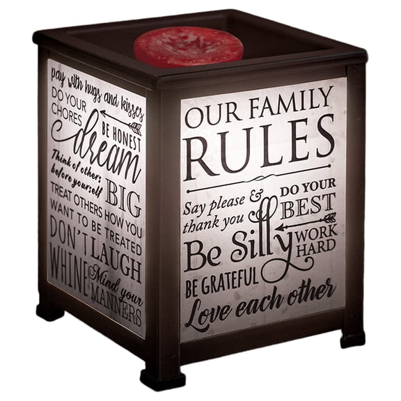 Family Rules Love Each Other Dream Big Black Metal Electrical Wax Tart & Oil Glass Lantern Warmer