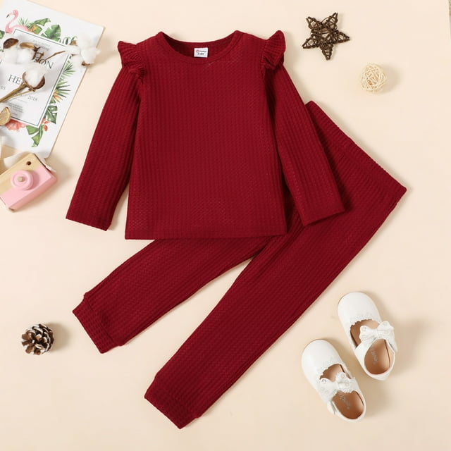 PatPat Toddler Girl Ruffled Textured Long-sleeve Top and Solid Color Pants Set,2-piece,Sizes 18M-6Y