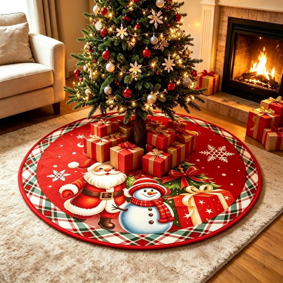 Christmas Tree Skirt - Snowman Santa Winter Xmas Tree Mat for Home Indoor Outdoor New Year Party Decorations