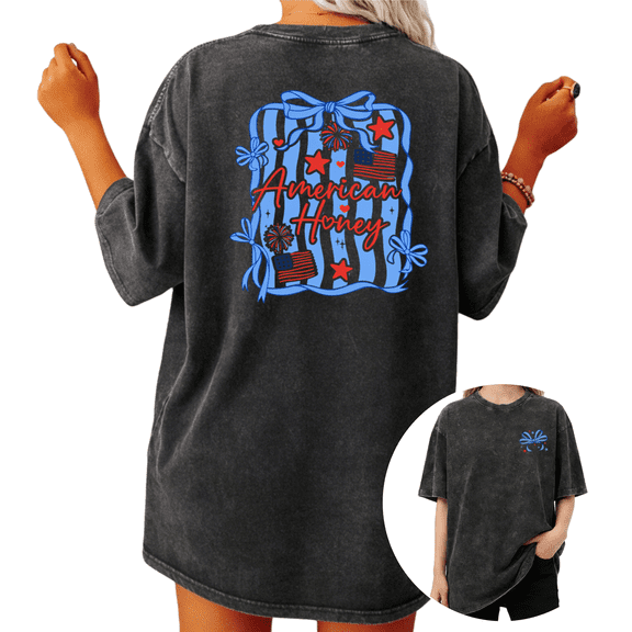 Giffimy Woman Vintage Washed Patriotic American Honey Flag Graphic T-Shirt Short Sleeve S-2XL Distressed Fashion Tee