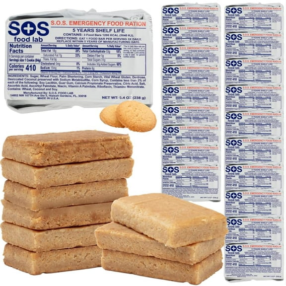 SOS Food Lab Emergency Food Bar - 1200 Calorie Ration (20 Pk Shortbread Cookie) - 1 Day/24 Hour Ready to Eat Supply for Camping, Hiking, Disaster Preparedness - 5 Year Shelf Life Energy Survival Food