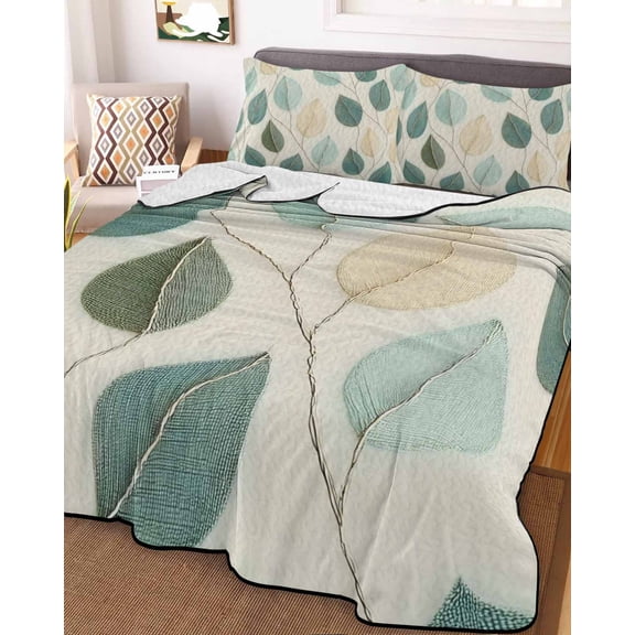 Teal Green Leaf Twin XL Size Down Alternative Comforter,Lightweight Comforter Quilt Bedding Set with Pillow Shams Farmhouse Vintage Middle Century Textured Bed Comforter Duvet Insert 68"x98"