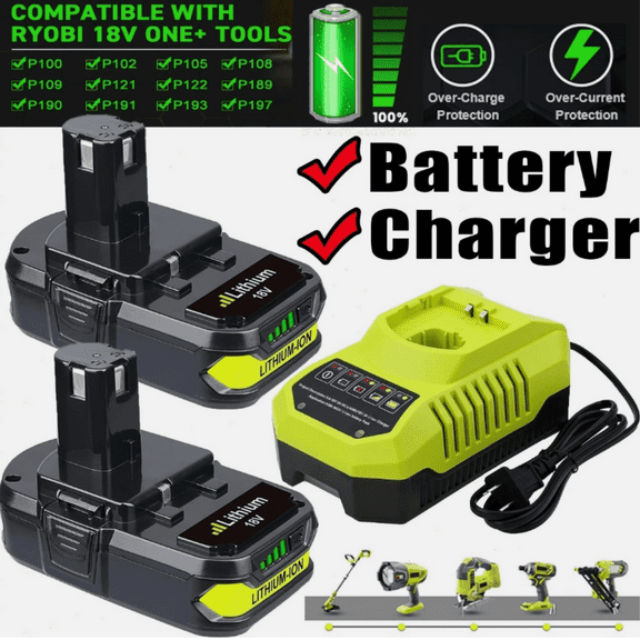 2-Pack 18V 3.6Ah Li-ion Battery & Charger Combo for Ryobi 18V P102 P103 P105 P108 P191 P122 Power Tools