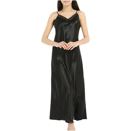 Annhoo Women s Satin Nightgown Spaghetti Strap Lace V-Neck Nightdress Chemise Lingerie Sleepwear Pajamas Dress