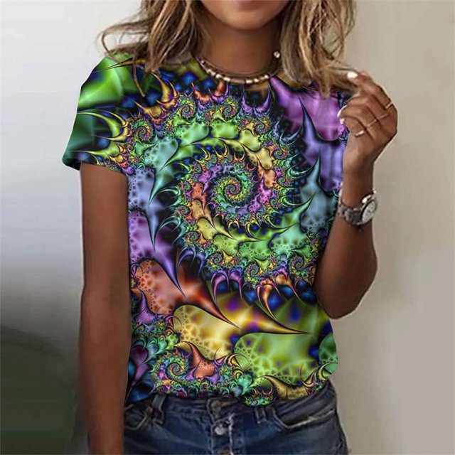 Nouveau Haut à Manches Courtes pour Femmes, Pull Mode Y2K Décontracté, T-Shirt Col Rond Imprimé Fleur 3D TP-6TG