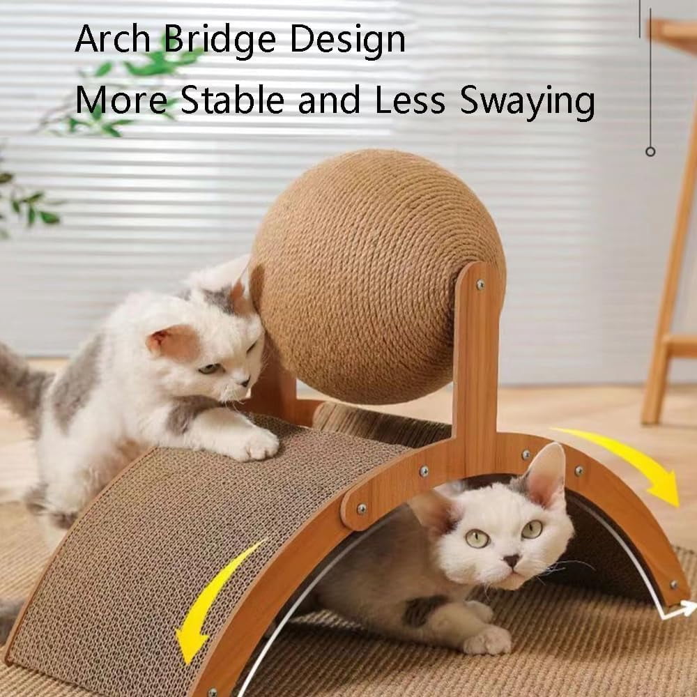 Cat Scratching Ball on Stand - Solid Wood Interactive Cat Scratcher with 360° Rotating Natural Sisal Ball, 2-in-1 Wooden Durable Paw Grinding Toy, for Indoor Cats Kittens (Small)