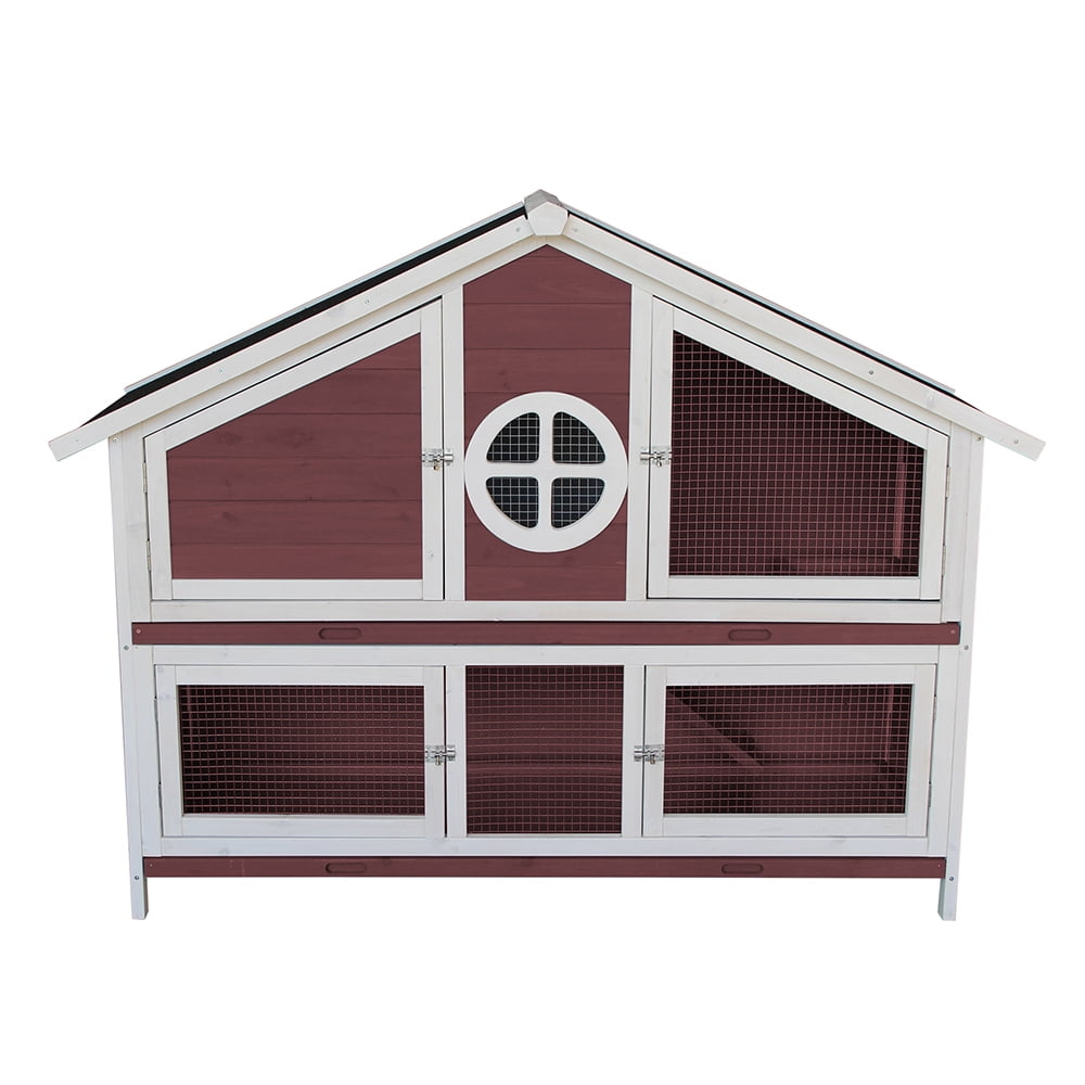 Kepooman Wooden Rabbit Hutch House with Ramp & Tray for Small Animals, White & Red Kepooman Wooden Rabbit Hutch House with Ramp & Tray for Small Animals, White & Red