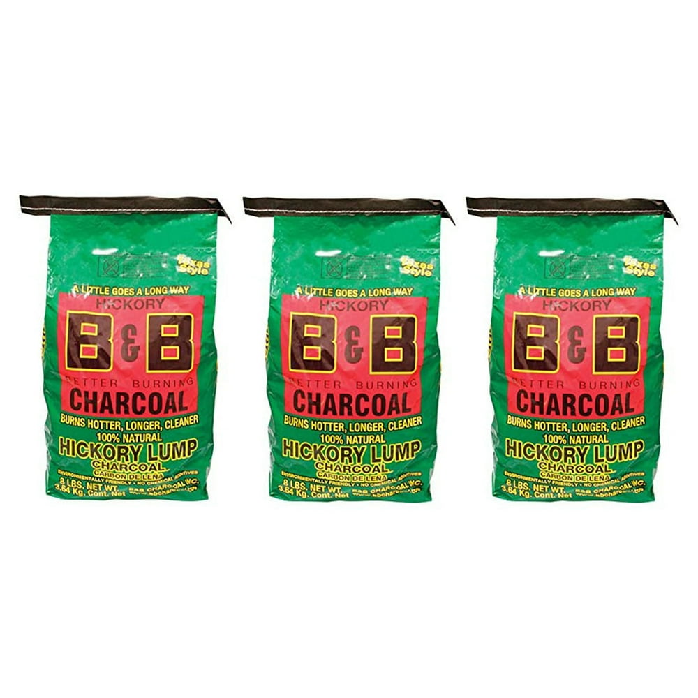 B&B Charcoal Hickory Lump Grilling Smoking Charcoal, 8 Pounds (3 Pack