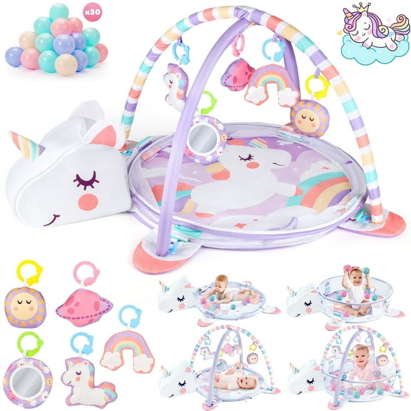 Beefunni Baby Play Mat, 4-in-1 Unicorn Tummy Time Mat & Ball Pit, Baby Activity Play Mat, Gym & Sensory Toys, 0-12 Months
