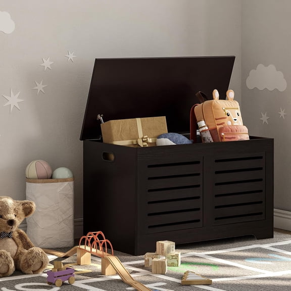 Storage Chest, Flip-Top Wooden Toy Box with 2 Safety Hinges, Entryway Shoe Storage Bench, Sturdy Large Storage Trunk for Living Room, Bedroom, Easy Assembly, Espresso