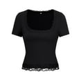 thumbnail image 4 of DuoJiaJ Women's Spring And Summer Solid Color Lace Square Neck Short Sleeved Casual T Shirt Top Women’s Blouses Black, 4 of 5