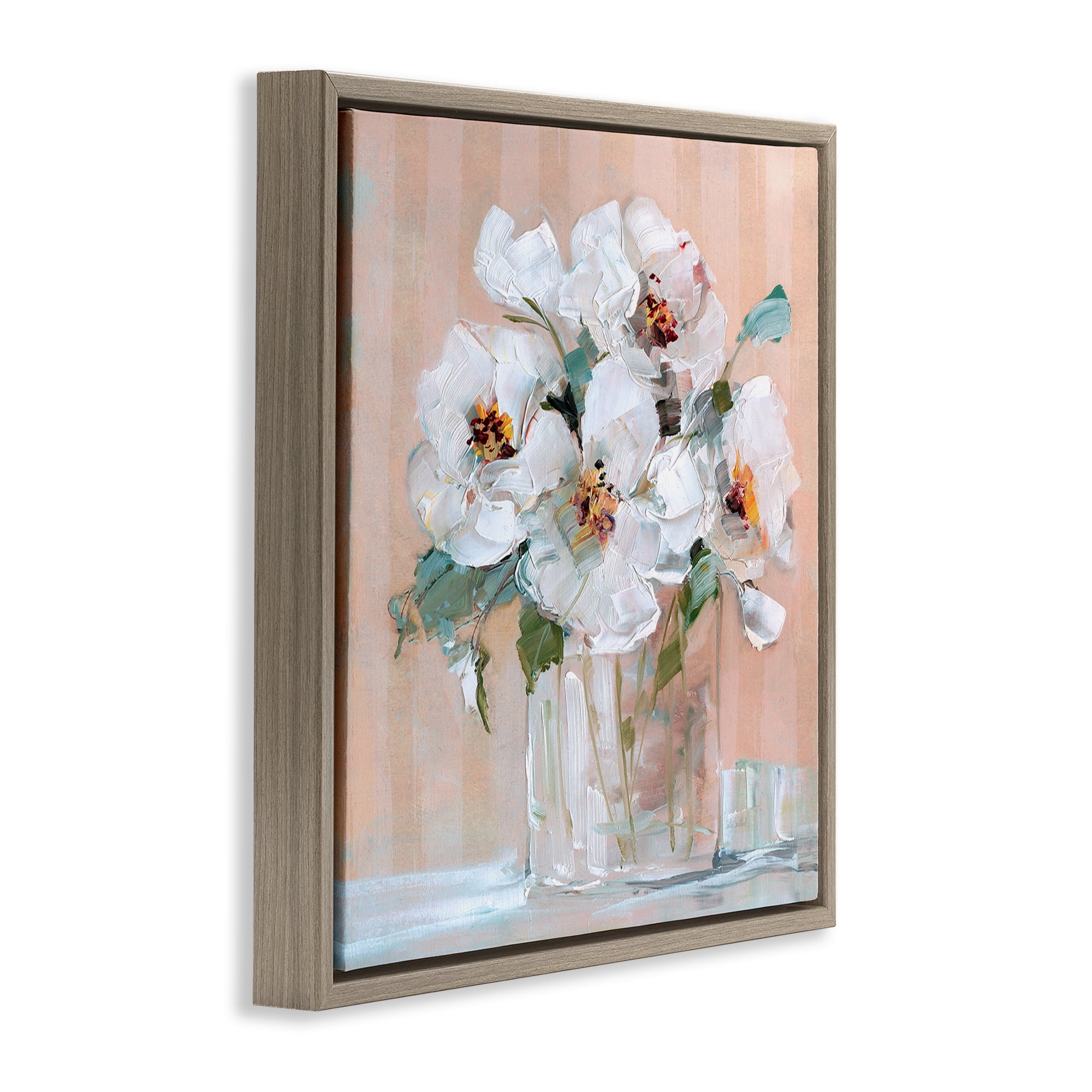 Stupell Industries White Florals on Pink Botanical & Floral Painting Brown Floater Framed Art Print Wall Art, 18 x 18