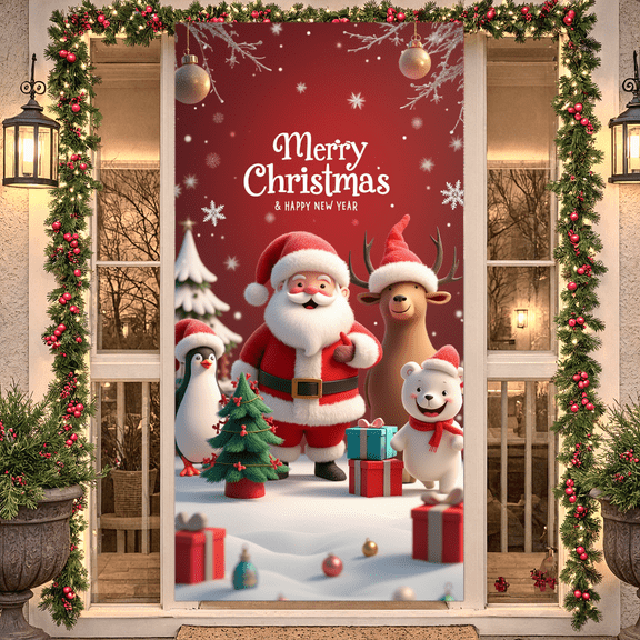 Festive Cows Christmas Banner Holiday Santa Hats Barn Scene for Home Party Indoor