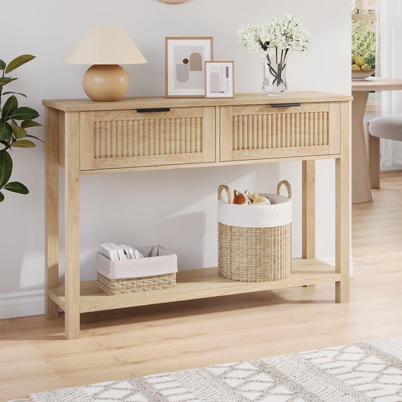 Gaderth Farmhouse Entryway Table,2-Tier Fluted Console Table With Shelf,Wood Sofa Table Behind Couch,Entryway Table With 2 Drawers For Living Room Foyer Corners