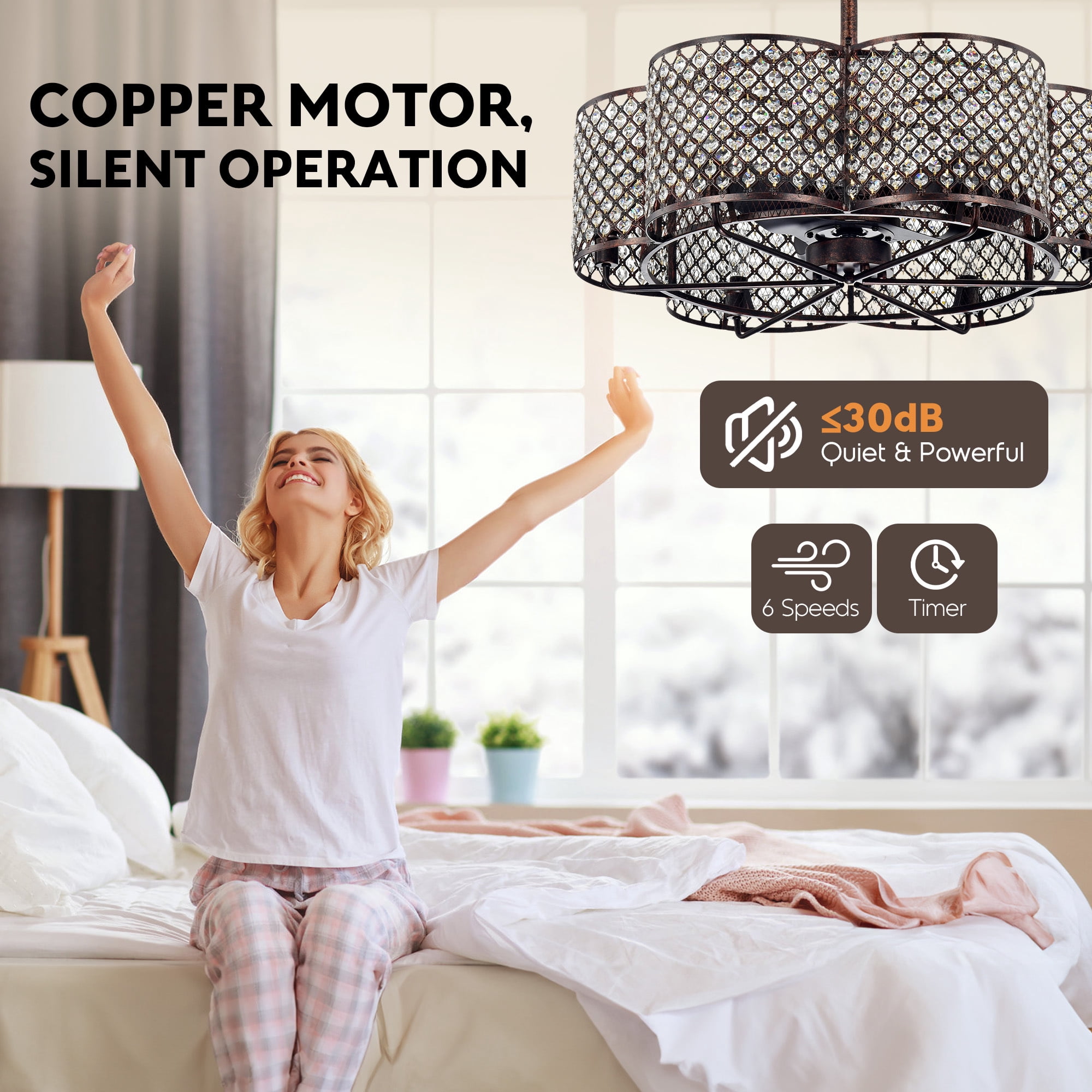 Aukfa 30" Ceiling Fan with light, Crystal Fan with Anti-Thelft Function for Living Room