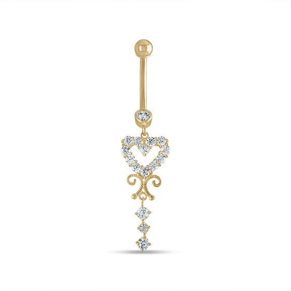 Zahav Jewelry 14K Solid Yellow Gold 14 Gauge Heart Shaped Belly Ring With CZ Stones