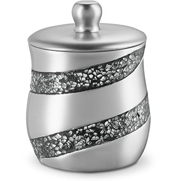 DWELLZA Silver Mosaic Q Tip Holder (3.8 x 3.8 4.9") Decorative Cotton