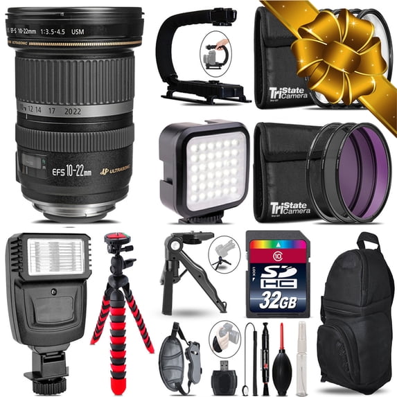 Canon EFS 10-22mm USM -Video Kit + Slave Flash + Monopad - 32GB Accessory Bundle