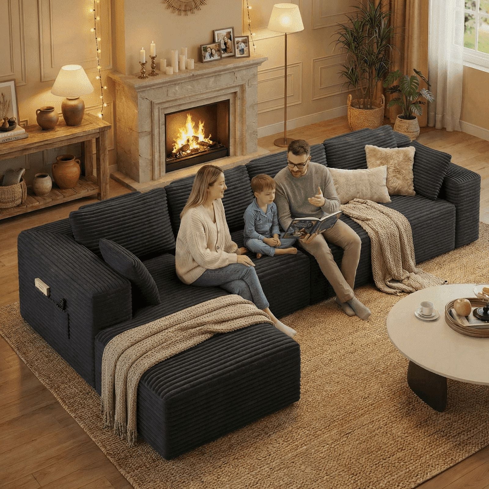 135" L-Shaped Cloud Modular Sectional Sofa, Corduroy Upholstery, Deep Seat Memory Foam Cushion, Black