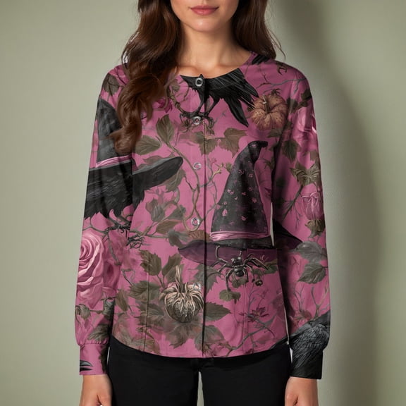 LNZGNM Halloween Womens Scrub Jacket Long Sleeve Button Front Festive Print Lightweight Layering Comfortable Work Uniform Comfort,Pink(XXXL)