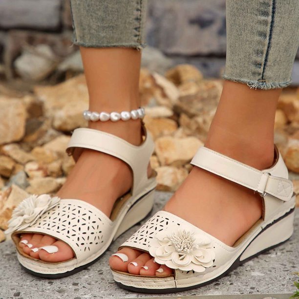 WILLBEST Sandalias Elegantes Para Mujer Para Uso Diario Informal, Diseño De Punta Abierta Con Detalles Recortados, Tacón De Cuña Y Cierre De Velcro Para Atuendos De Verano.